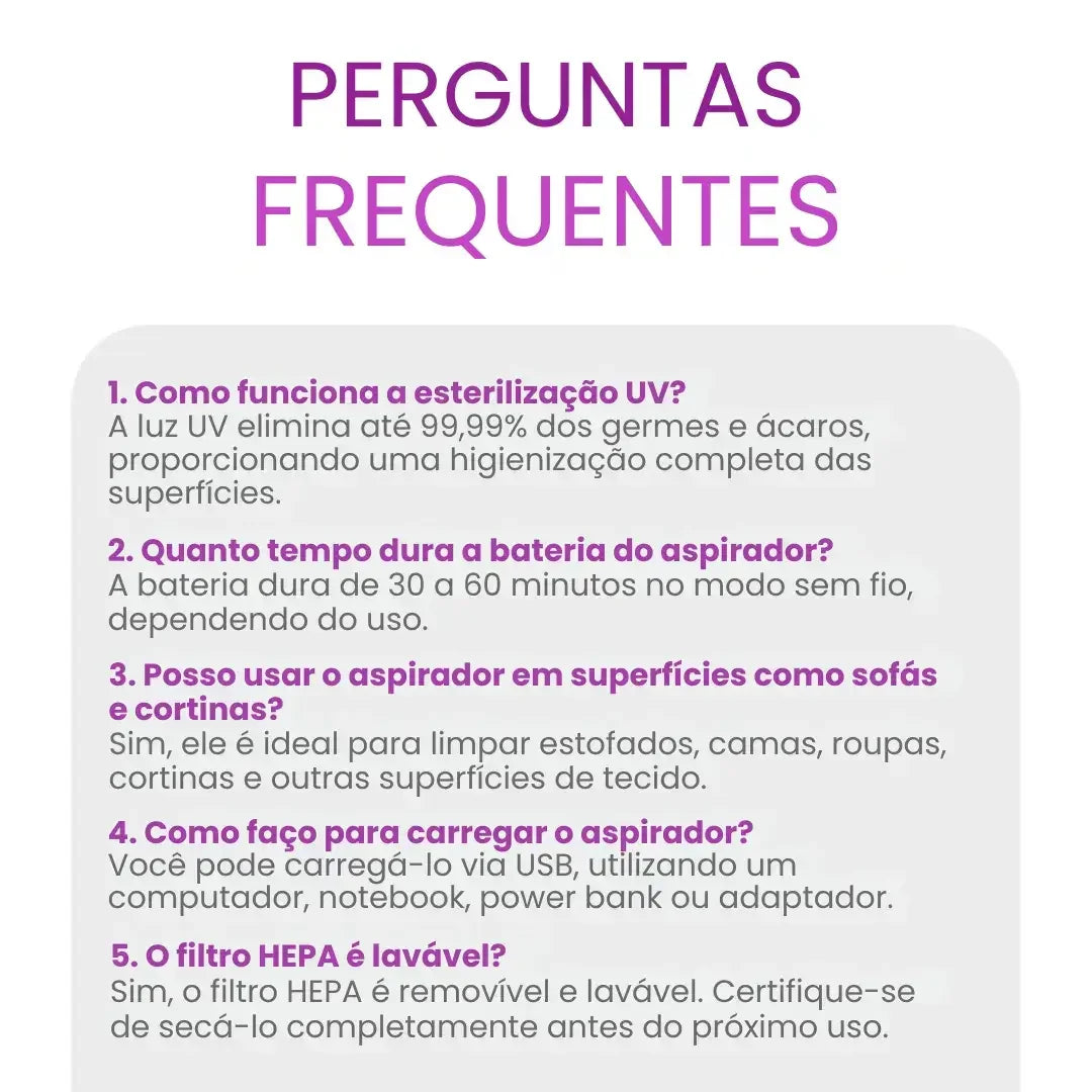 Aspirador Portátil Anti-Ácaro Esterilização UV Sem Fio
