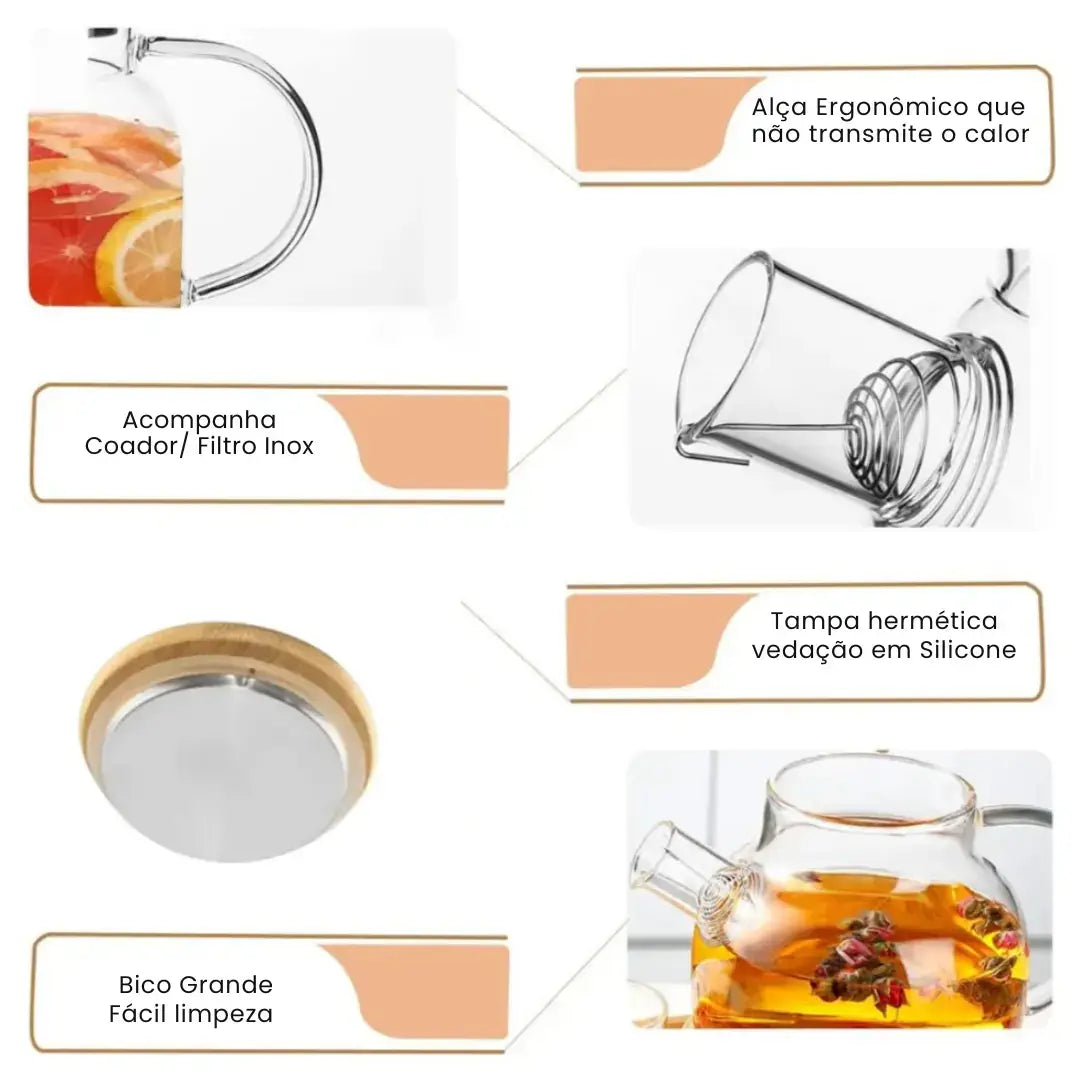 Chaleira de Vidro com Tampa de Bambu