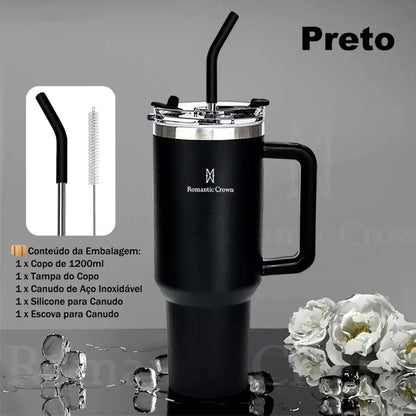 Copo Térmico Inox Portátil com Tampa e Canudo 1200ML
