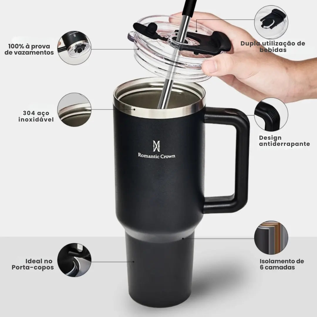 Copo Térmico Inox Portátil com Tampa e Canudo 1200ML