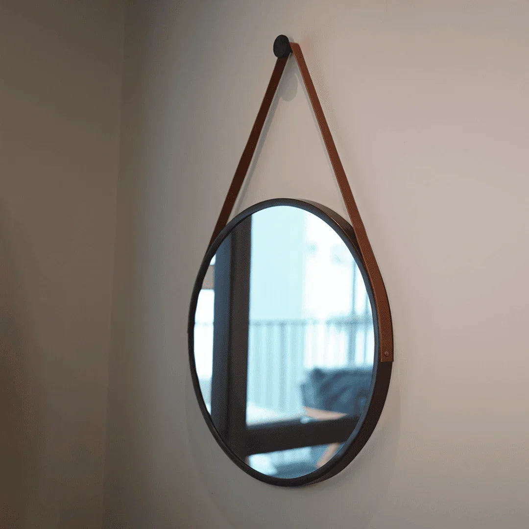 Espelho Redondo Adnet Couro Com Alça + Suporte 60cm