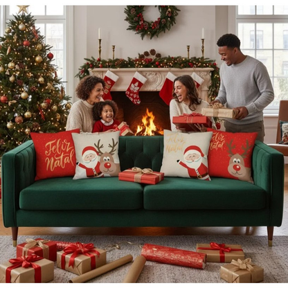 Kit com 4 Capas para Almofadas Decorativas Natal Papai Noel
