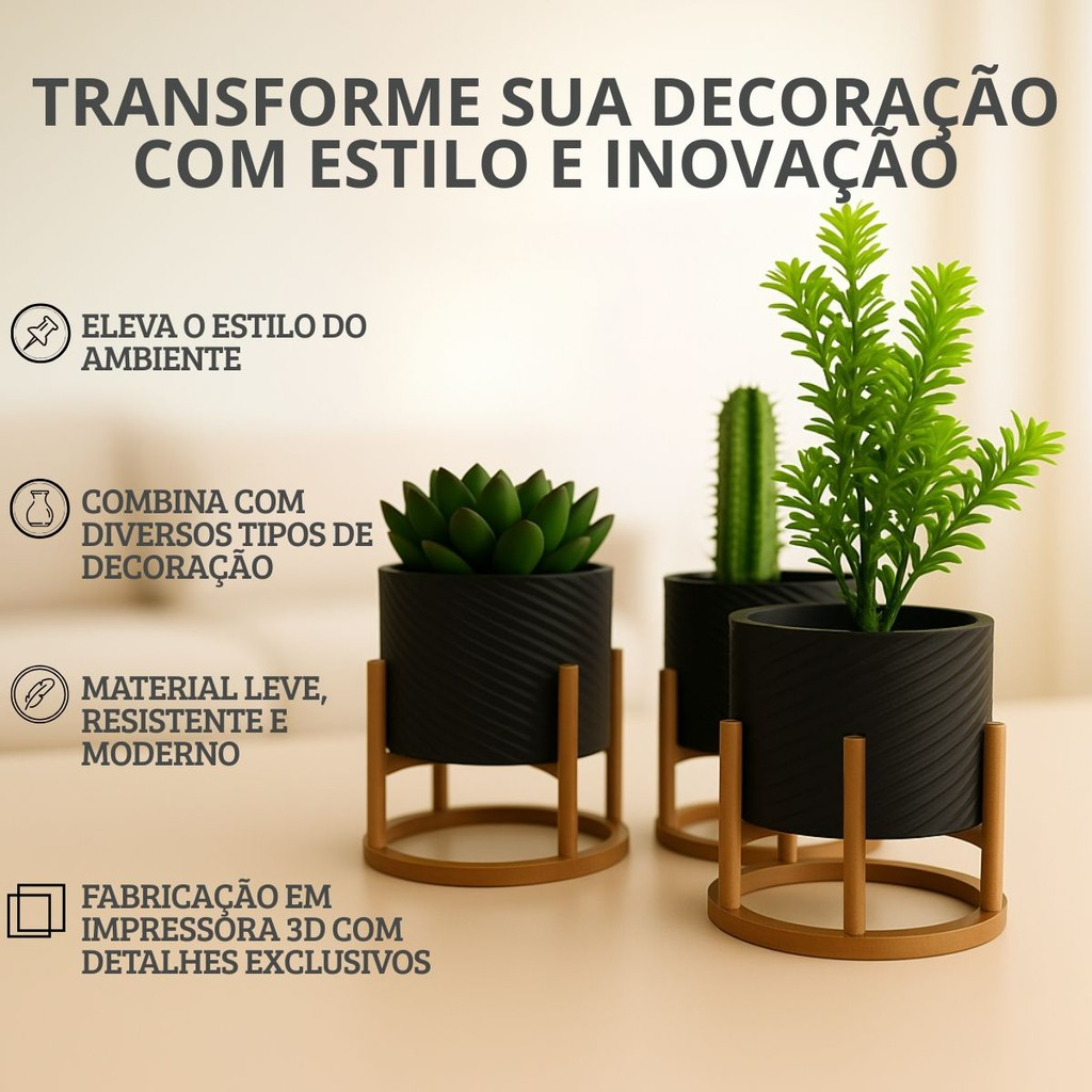 Trio de Vasos Cachepot com Suporte Para Cactos ou Suculentas